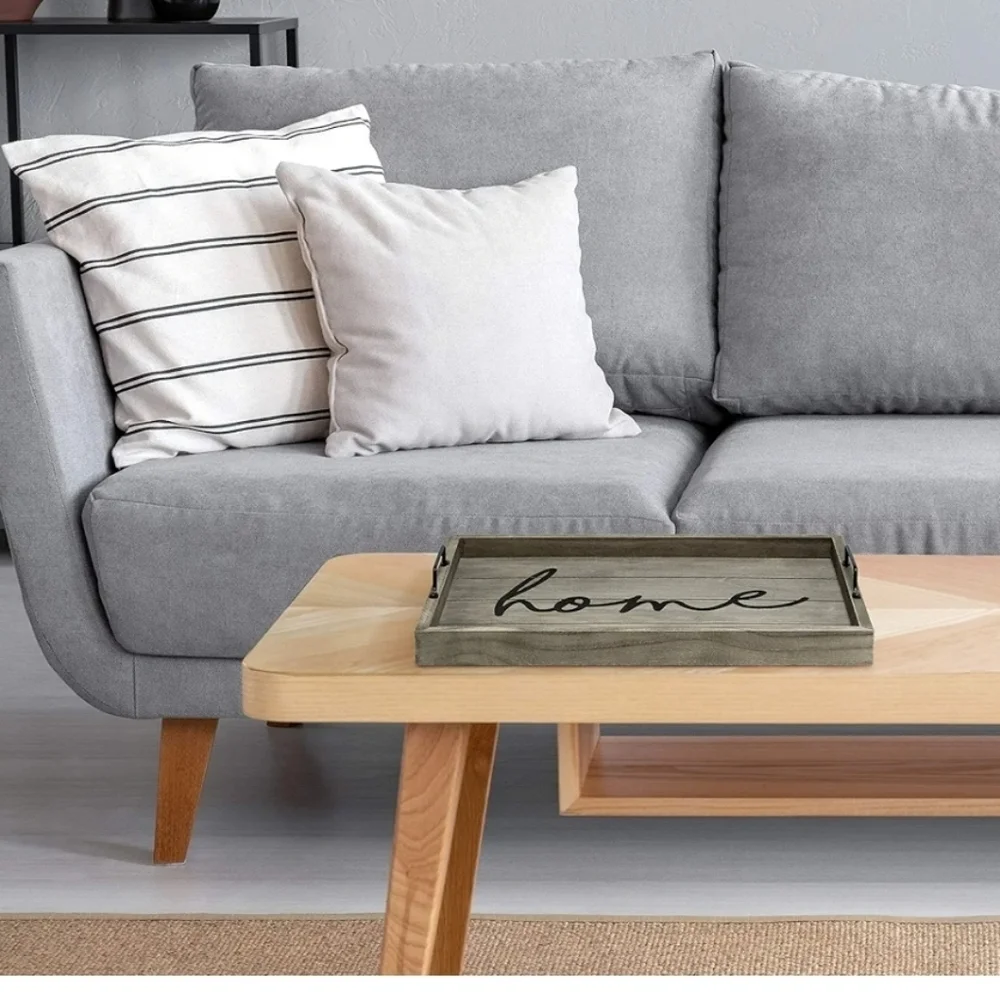 Rustic Gray Wooden Tray with 'Home' Script